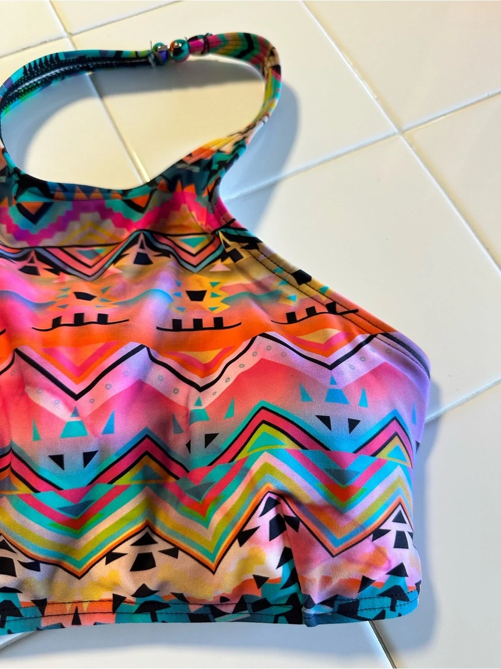 Multi-Color Patterned High-Neck Swim Top - Picture 3 of 10